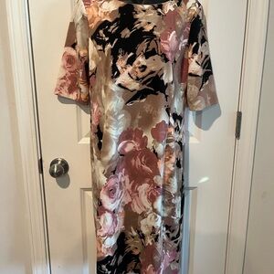 London Style Floral Shift Midi Dress in Pink, Cream, Black and Tan